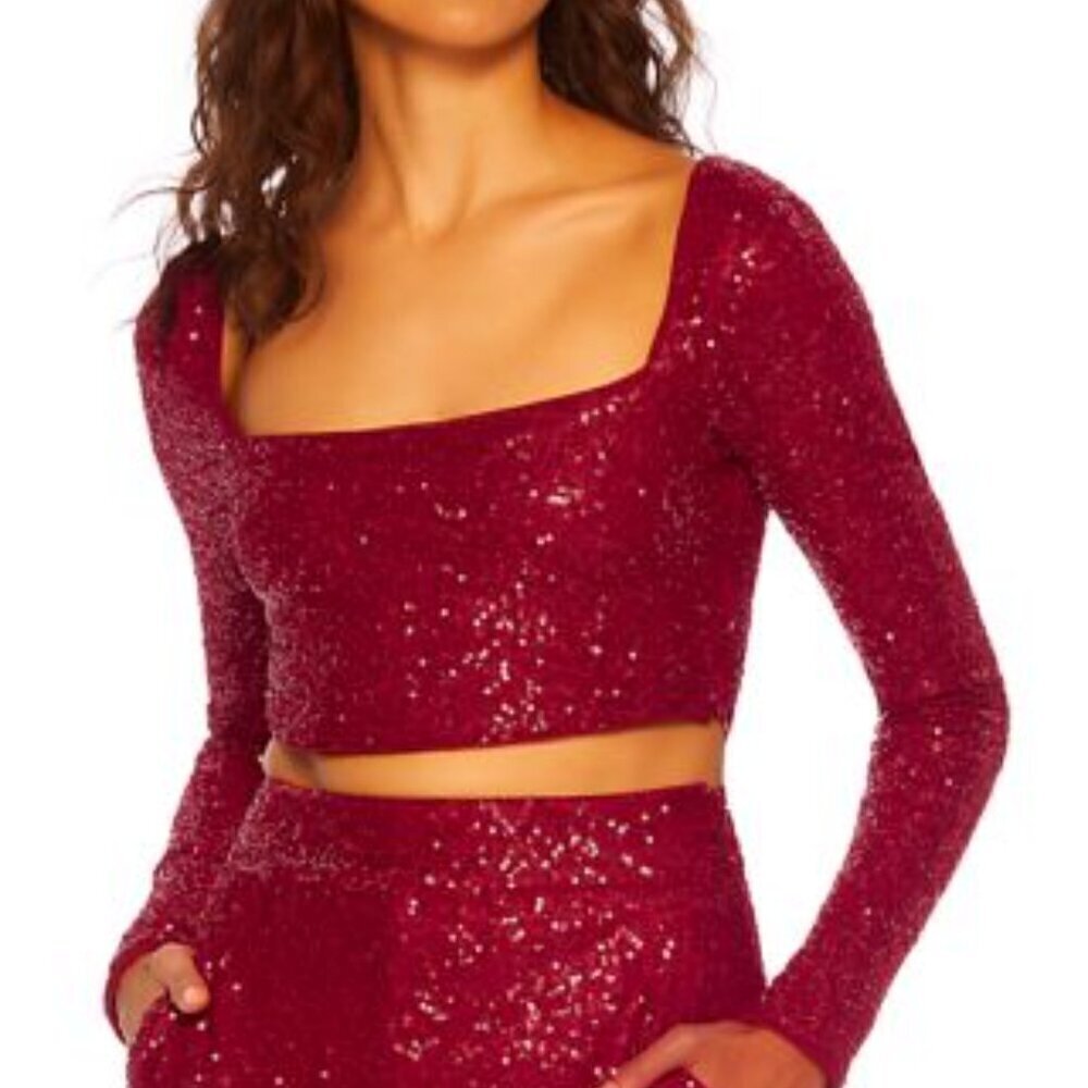 Susana Monaco square neck sequin cropped top shirt blouse berry pink red new S